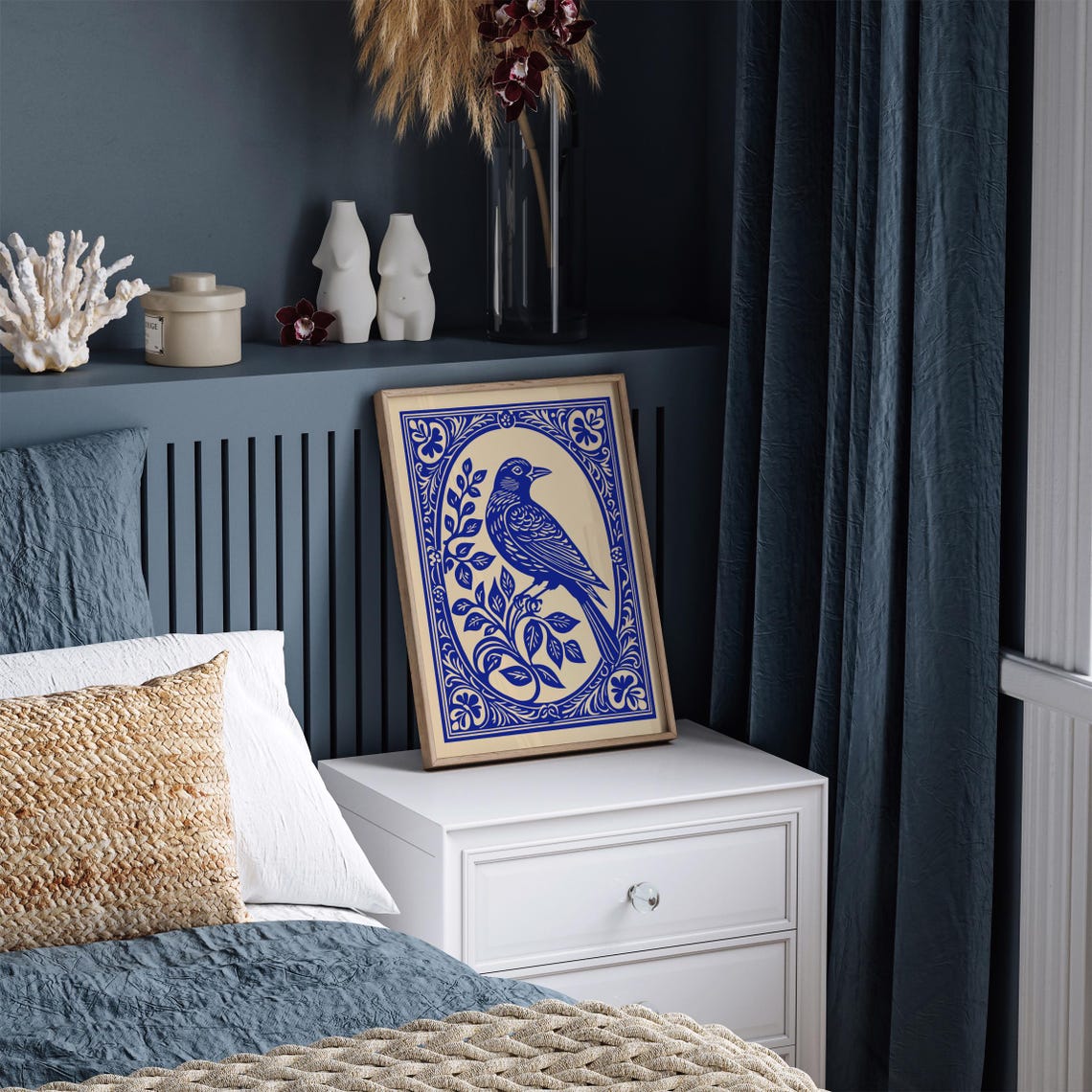 Cobalt Blue Songbird on Cream With Ornate Rococo Frame Poster - Image 5