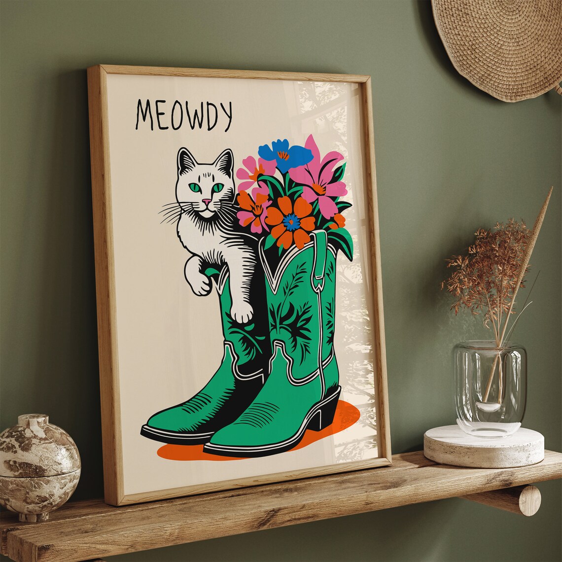 Meowdy Funny White Cat Green Cowboy Boots Wildflower Art Poster - Image 2