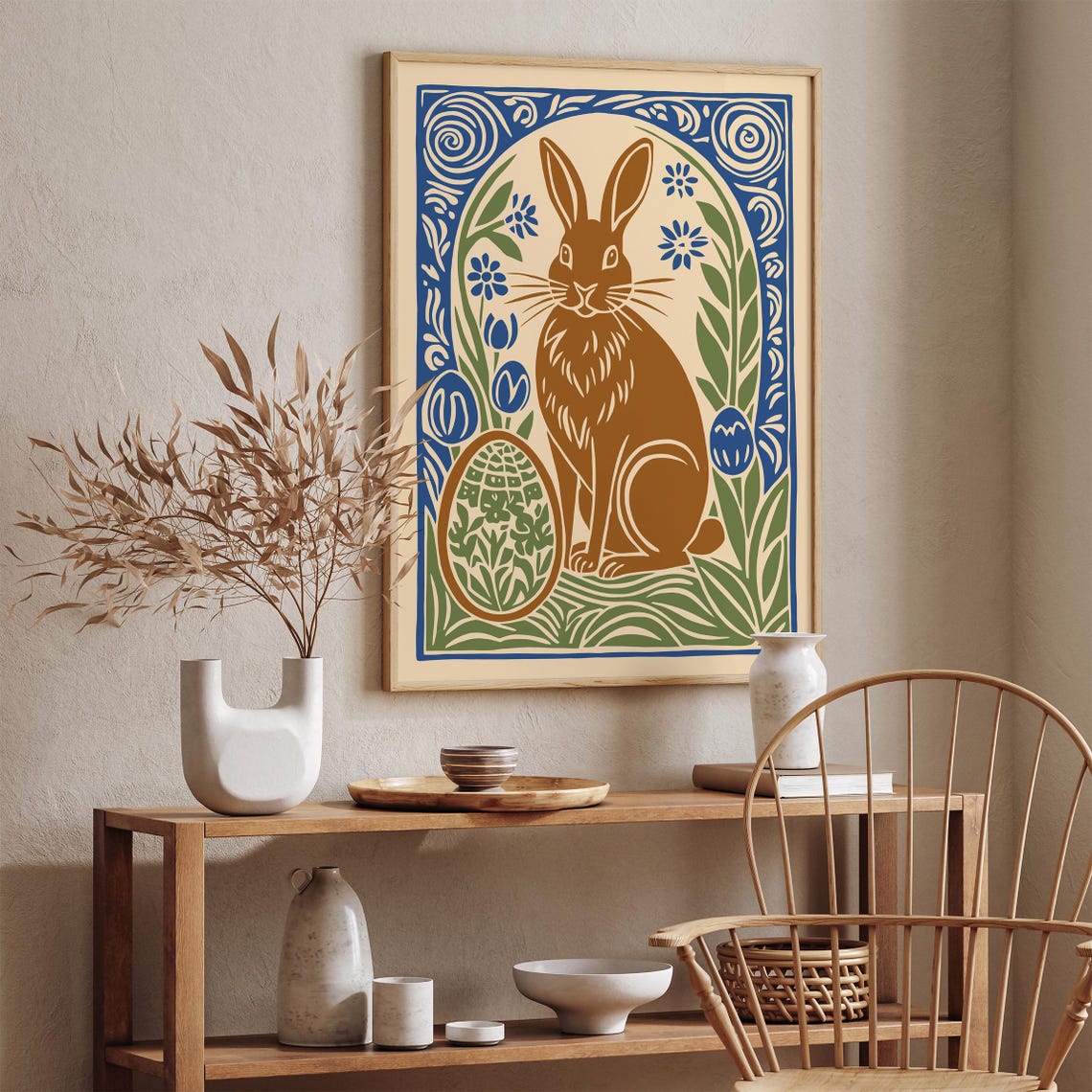 Vintage Easter Bunny Rust Brown Blue Folk Spring Holiday Art Poster - Image 2