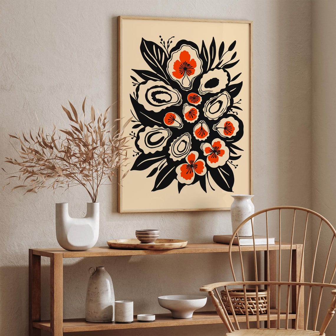 Black Ink Oysters with Orange Flowers Bold Coastal Kitchen Art Poster - Image 3