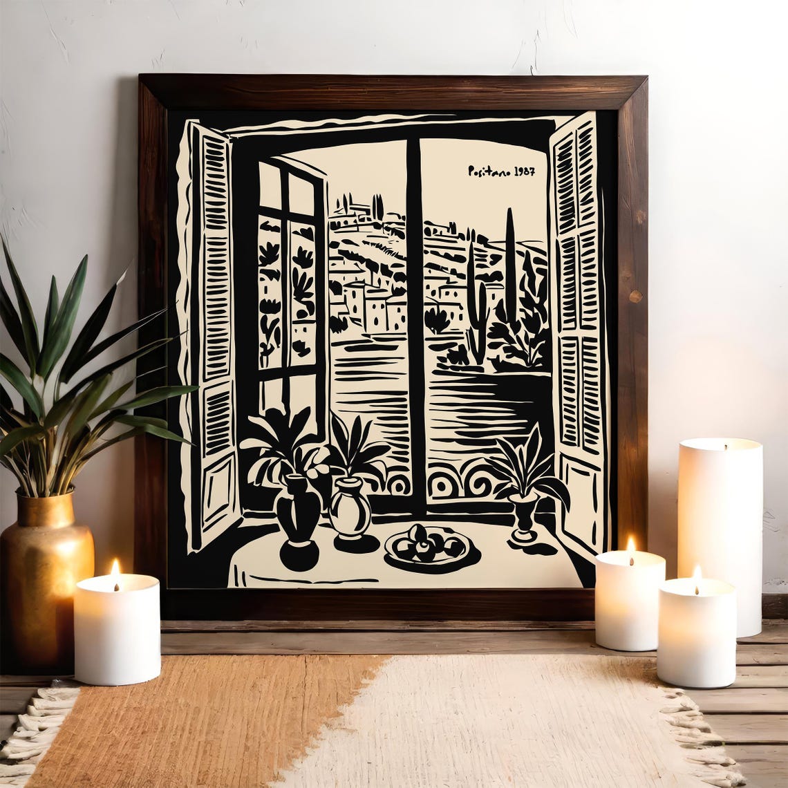 Positano 1987 Window Balcony View Black Ink Vintage Travel Poster - Image 5