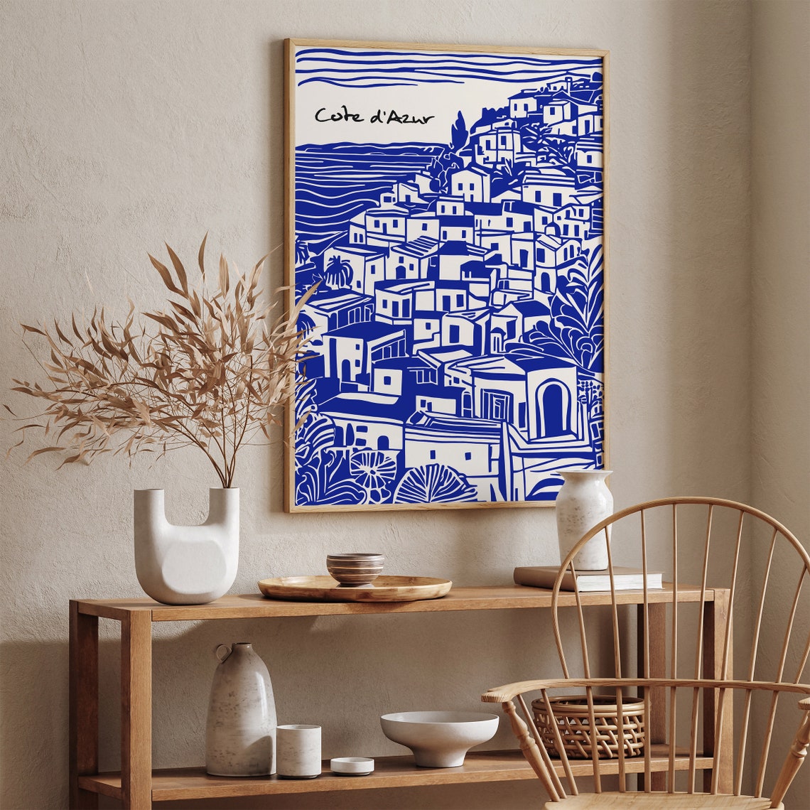 Cote d'Azur French Riviera Blue Coastal Village Line Art Print - Image 4
