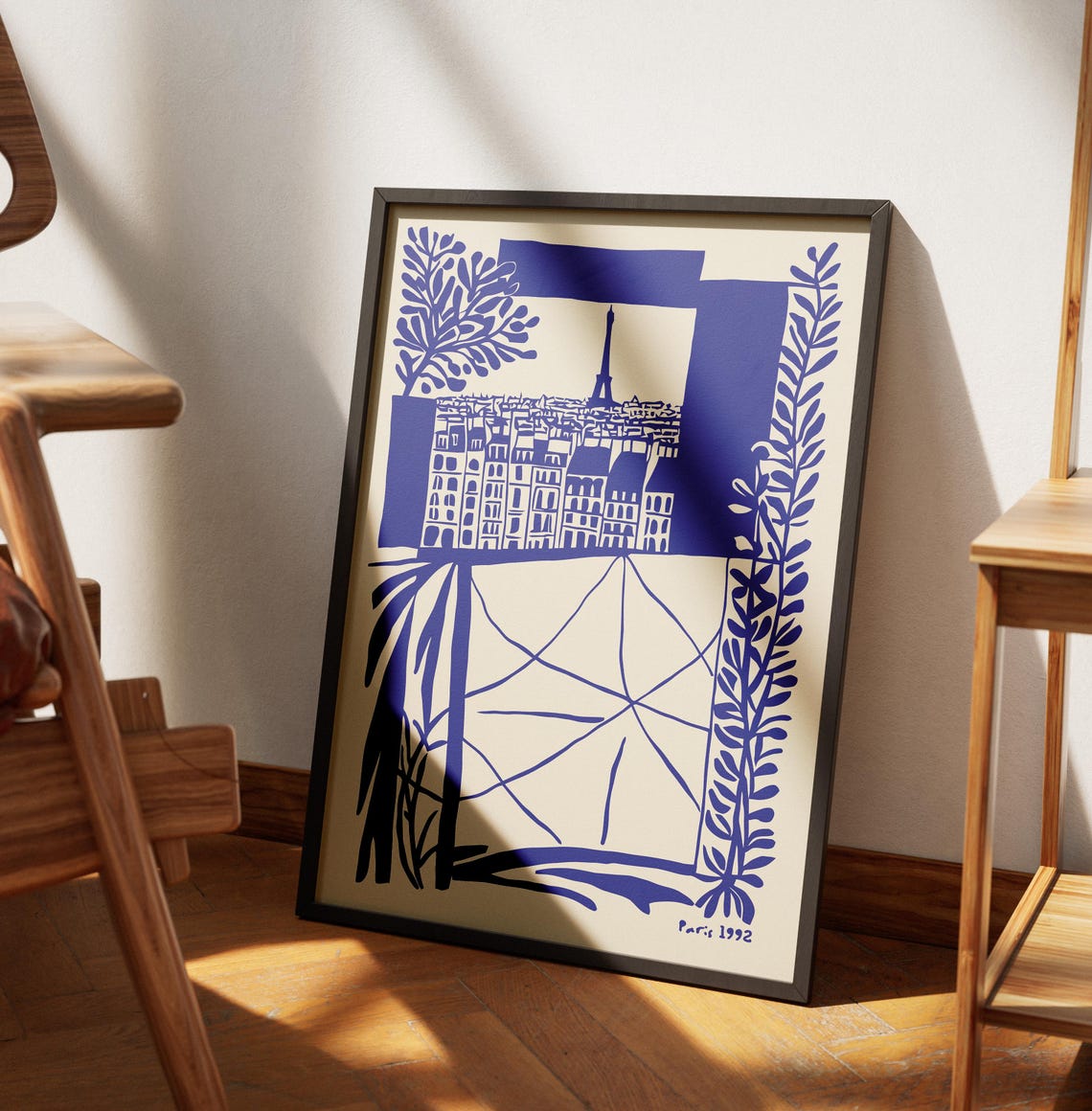 Paris 1992 Blue Eiffel Tower Cityscape Through Window Poster