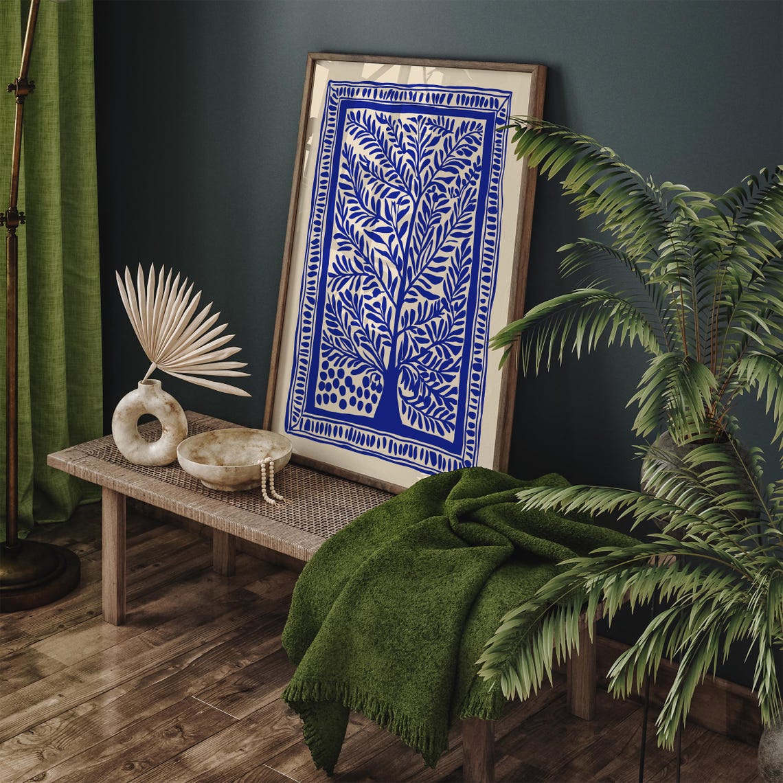 Blue Tree Of Life Botanical Linocut Style Poster With Border - Image 4