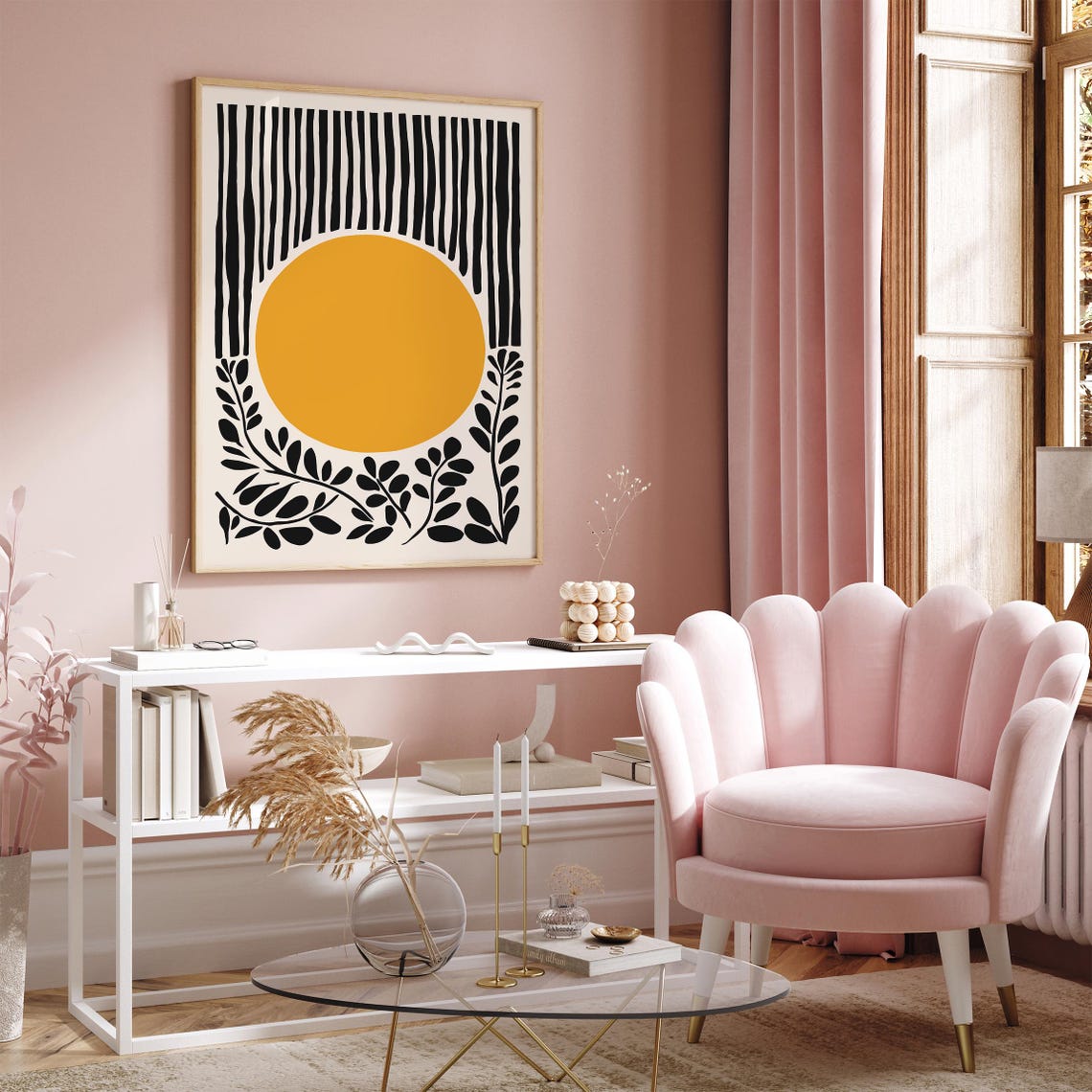 Mid Century Modern Yellow Sun Black Abstract Geometric Art Poster - Image 5