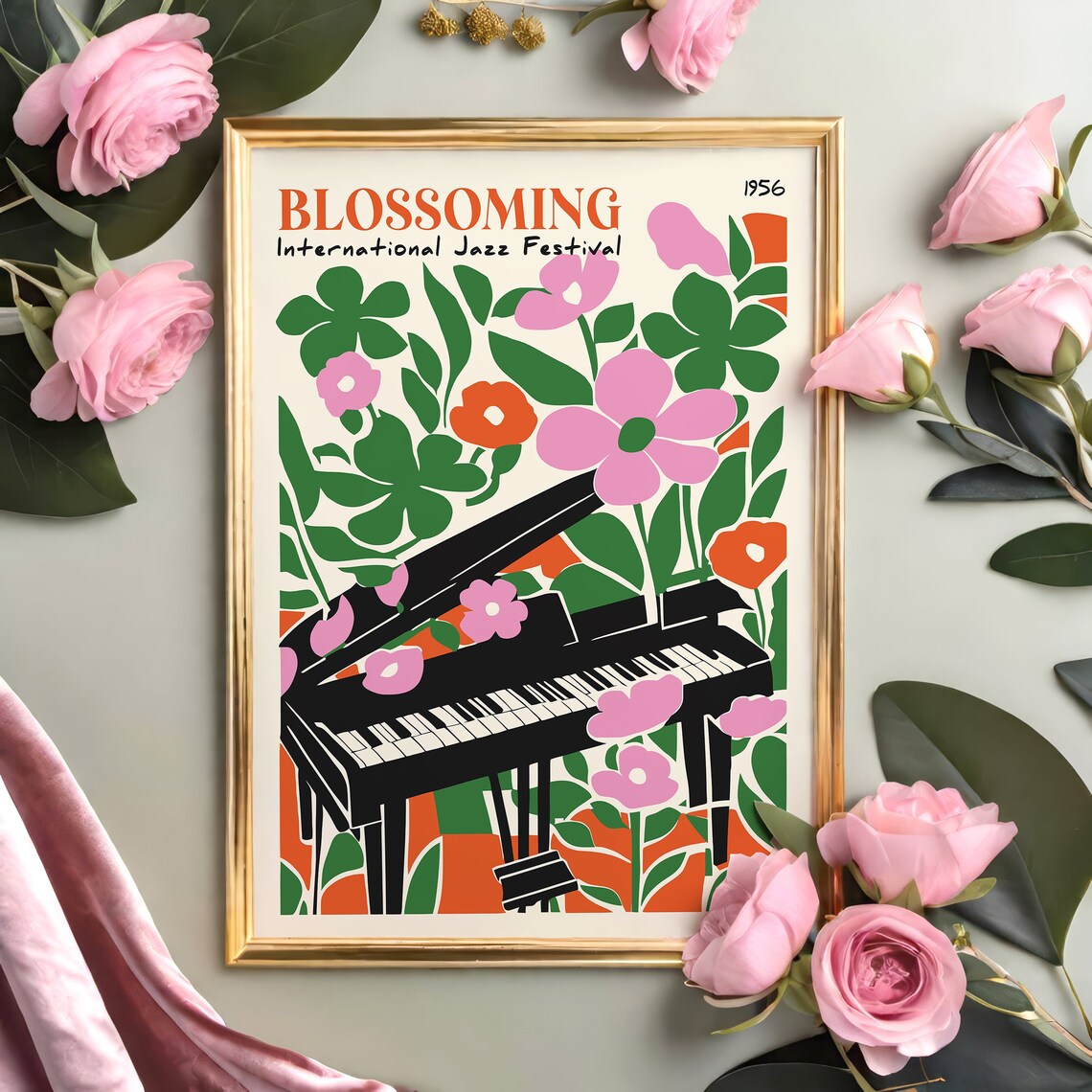 Blossoming 1956 International Jazz Festival Piano Flowers Poster