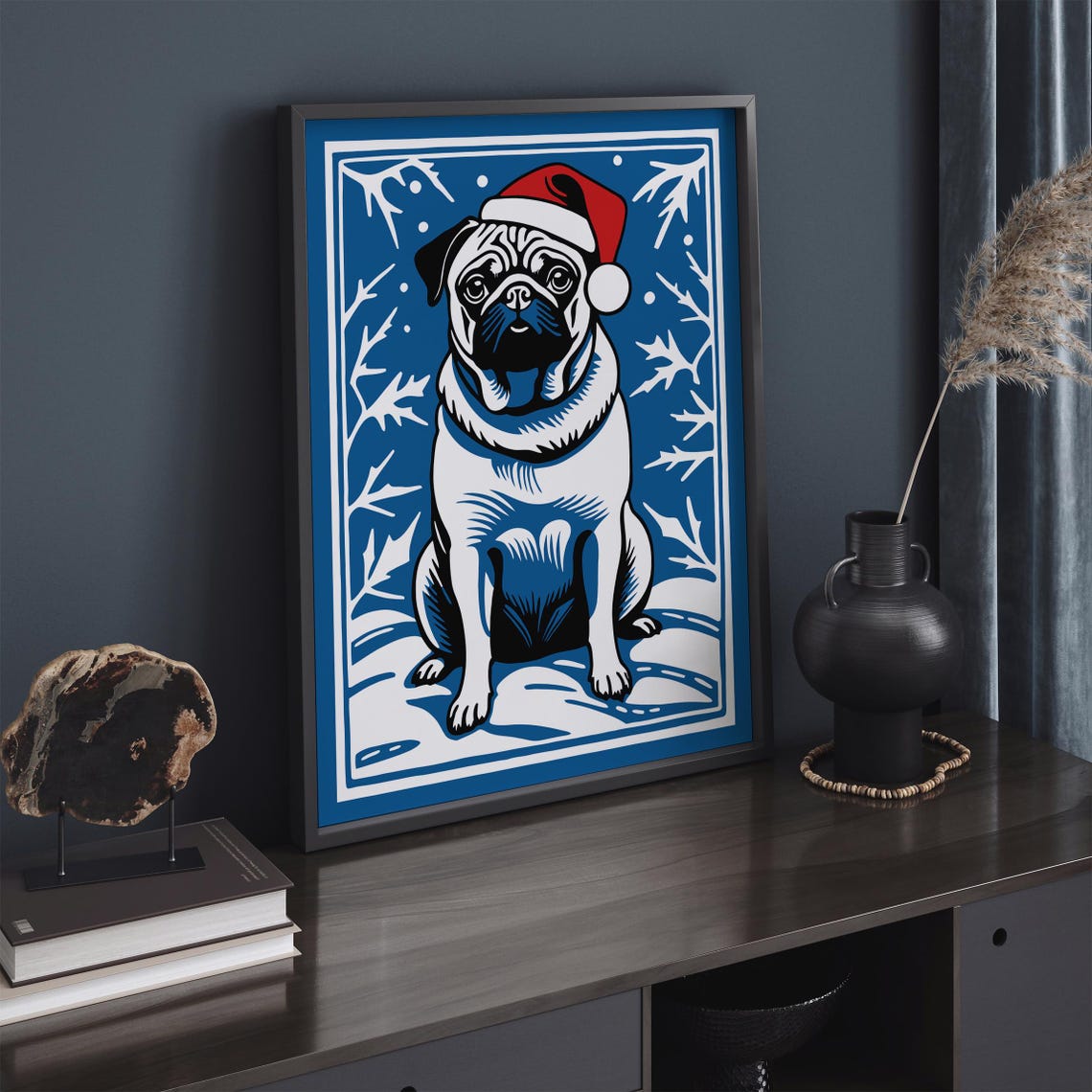 Cute Christmas Pug Dog in Santa Hat Blue Winter Scene Pet Poster - Image 3
