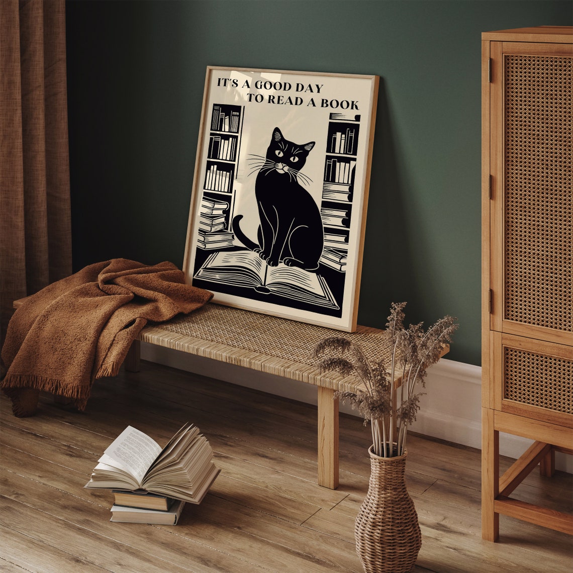 Good Day To Read A Book Black Cat Library Literary Quote Print - Image 6