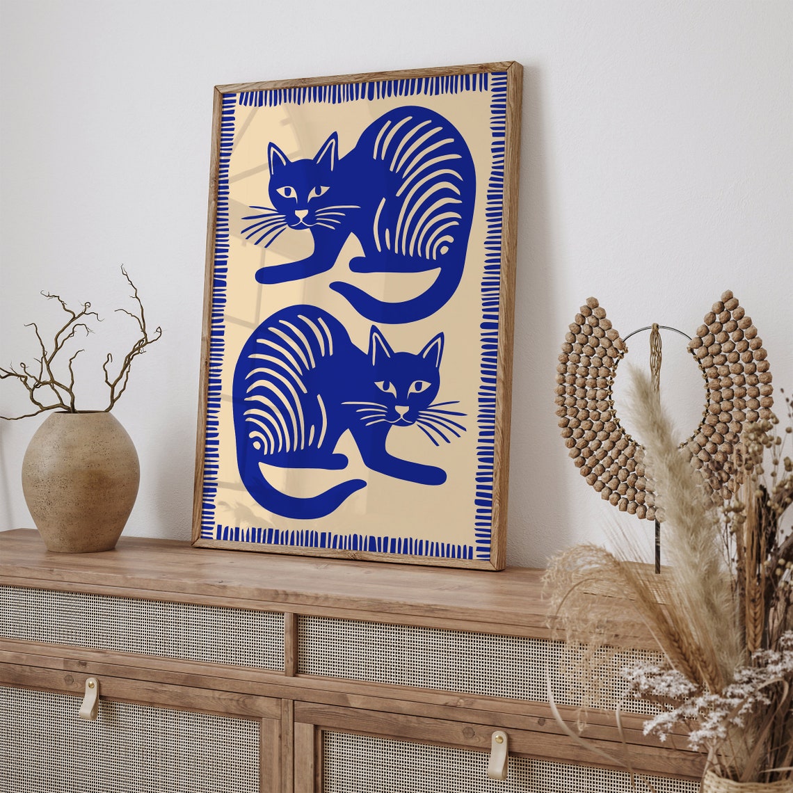 Blue Indigo Twin Cats Decorative Striped Border Folk Art Print - Image 2