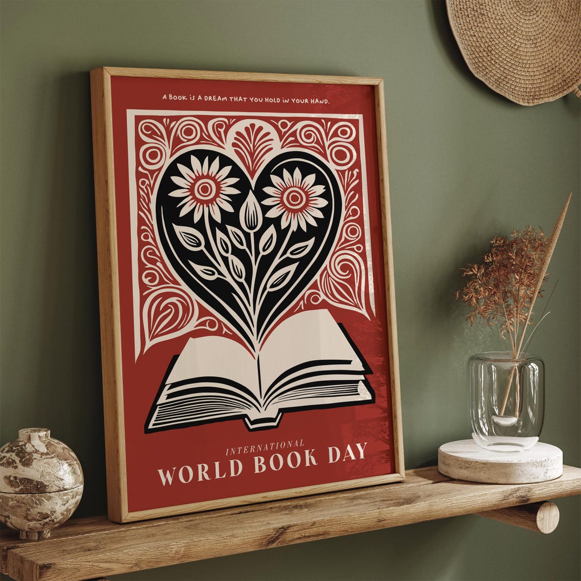 International World Book Day Heart Floral Open Book Art Poster - Image 3