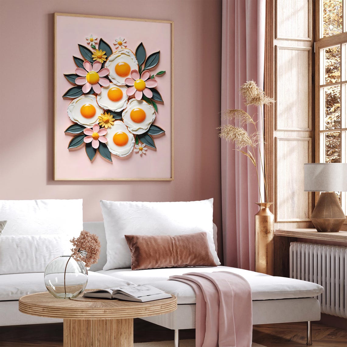 Fried Eggs and Pink Flowers Quirky Blush Pink Kitchen Art Poster - Image 5