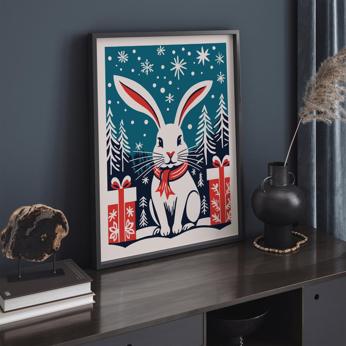 White Christmas Bunny Winter Scene Gift Holiday Festive Poster - Image 2
