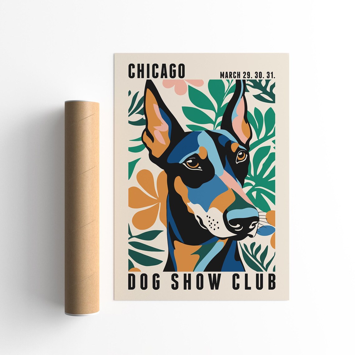 Chicago Dog Show Club Doberman Pop Art Poster With Tropical Leaves