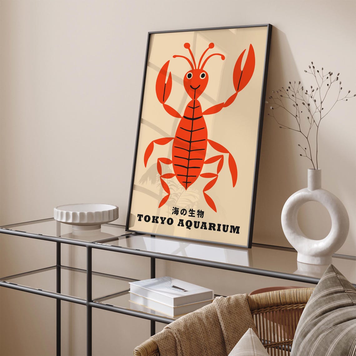 Vintage Tokyo Aquarium Poster with a Smiling Cheerful Red Lobster - Image 6