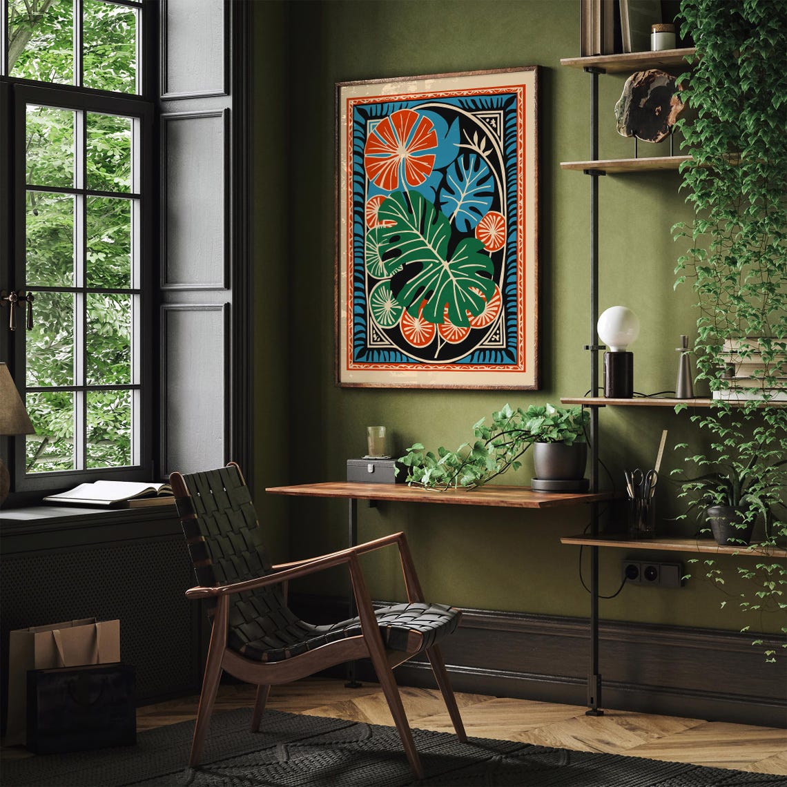 Bold Tropical Monstera Leaves Orange Green Blue Boho Botanical Poster - Image 2