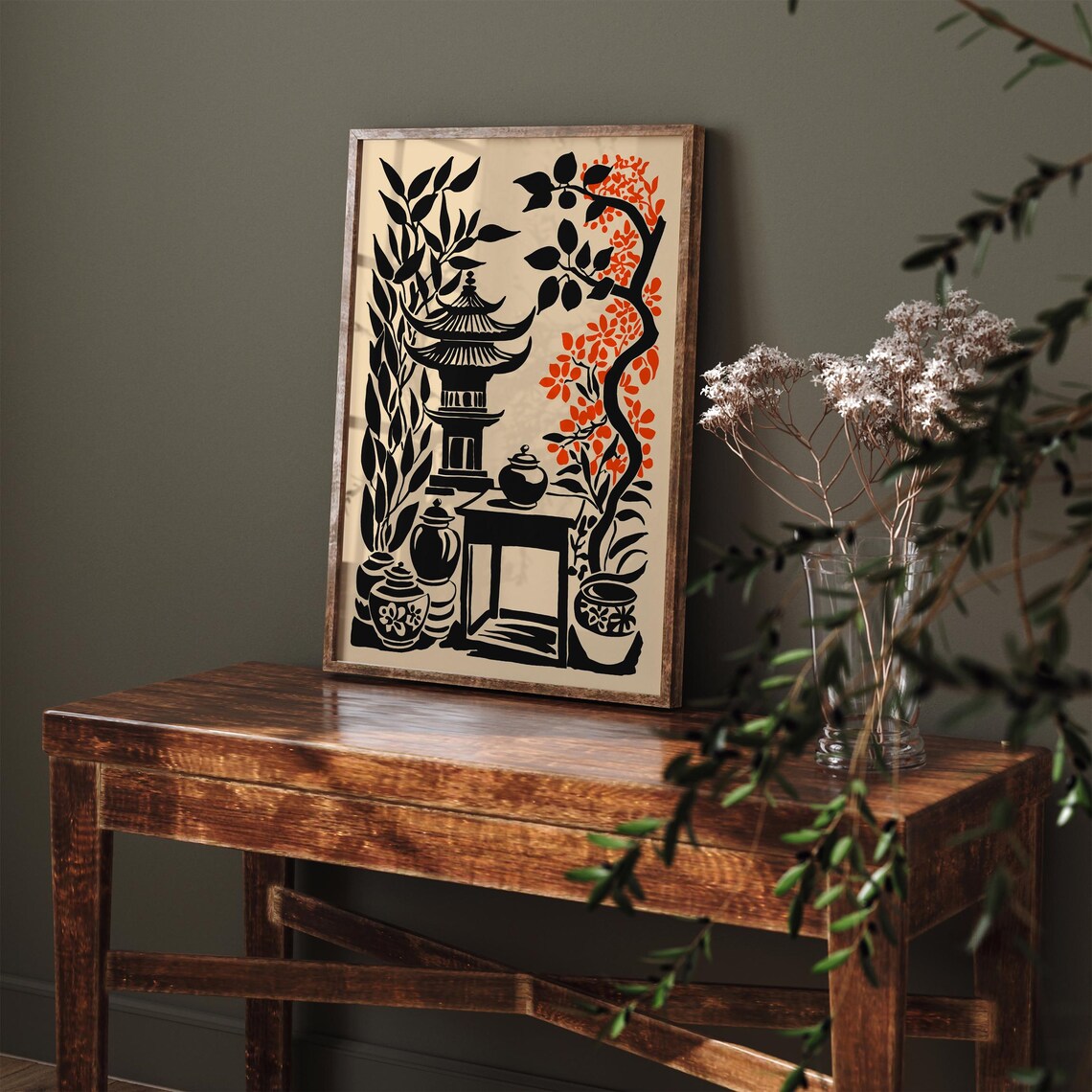 Kyoto Pagoda Black Ink Japanese Zen Still Life Poster Red Blossoms - Image 4
