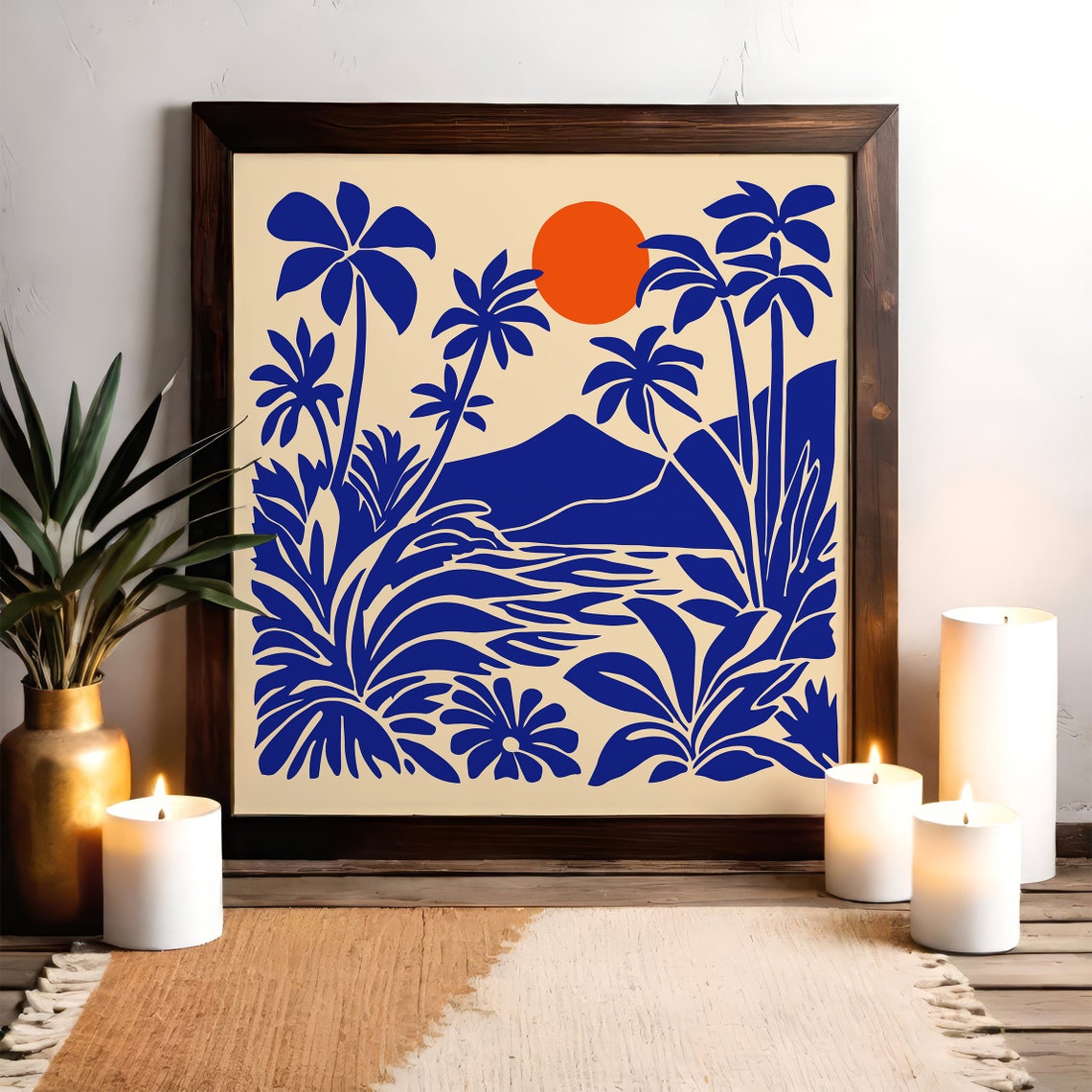 Tropical Sunset Poster With Blue Palms And Blazing Orange Sun - Image 2