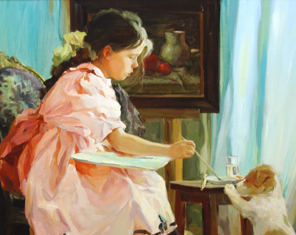Girl And Dog Painting, Impressionism Home Decor - Image 2