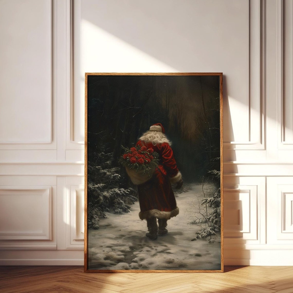Santa Walking Into a Dark Forest Carrying Roses on His Back Poster