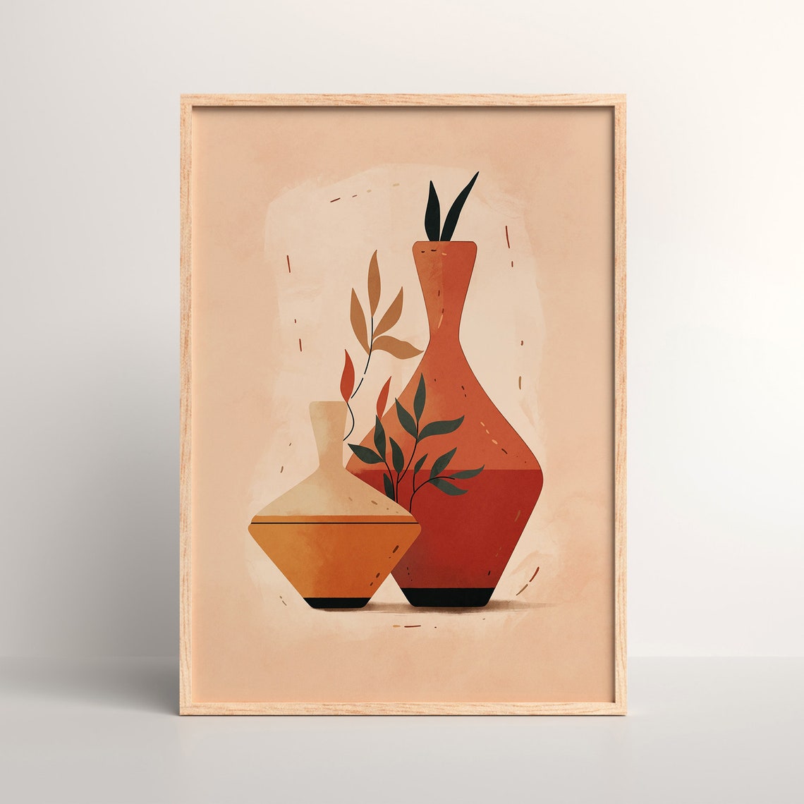 Angular Terracotta Vases with Botanical Leaves Modern Art Poster