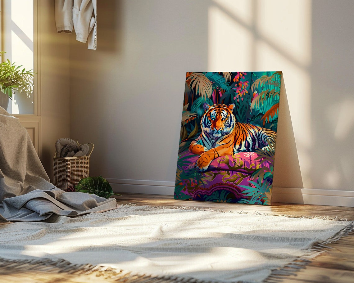 Tiger Resting In Lush Tropical Foliage Maximalist Art Poster - Image 3