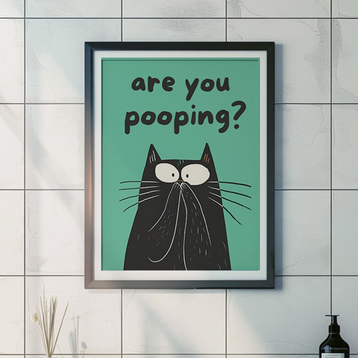 Are You Pooping Funny Black Cat Wide Eyes Teal Quote Art Poster - Image 3