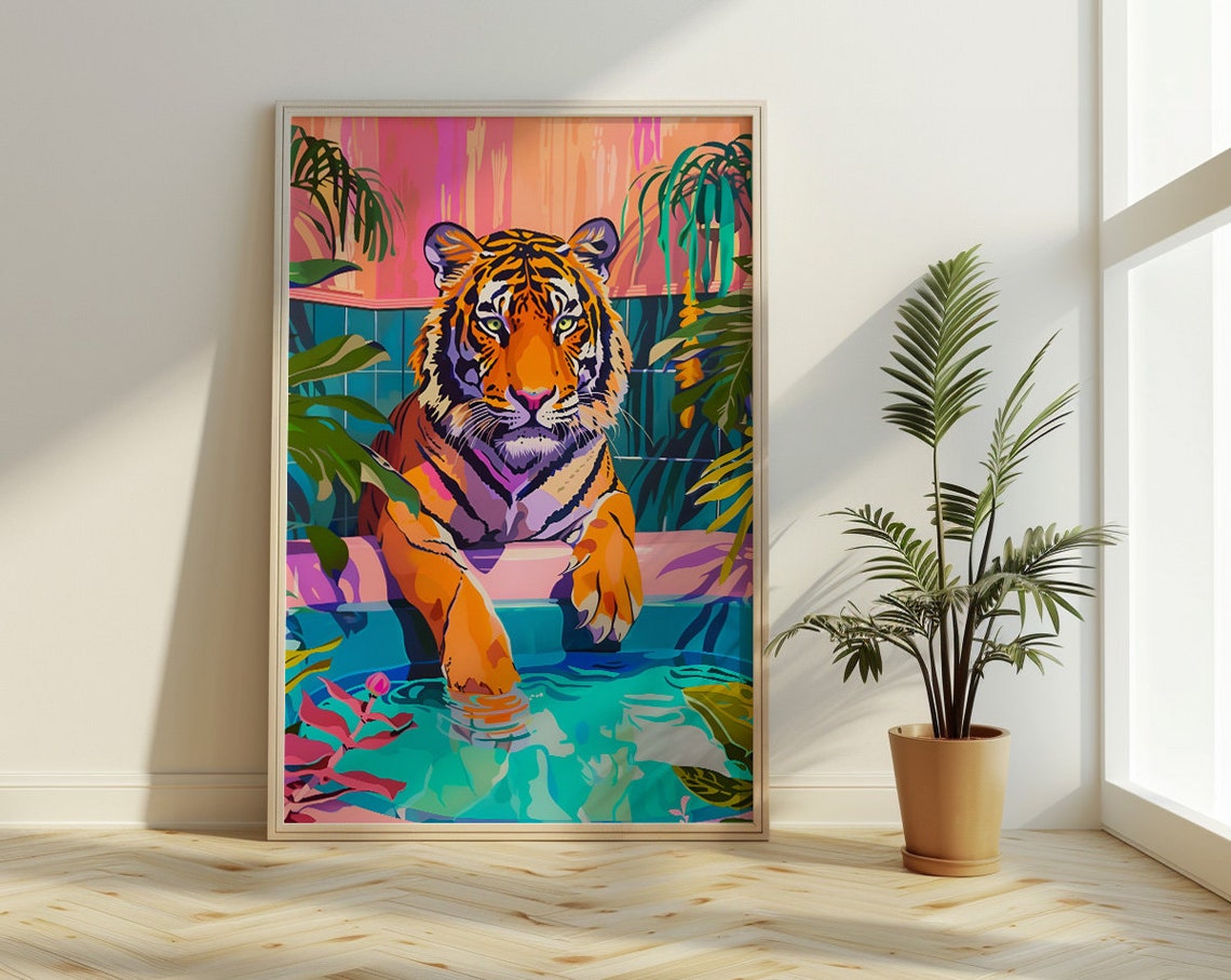 Tiger Leaning Over Bathtub Tropical Leaves Bold Pop Art Poster - Image 3