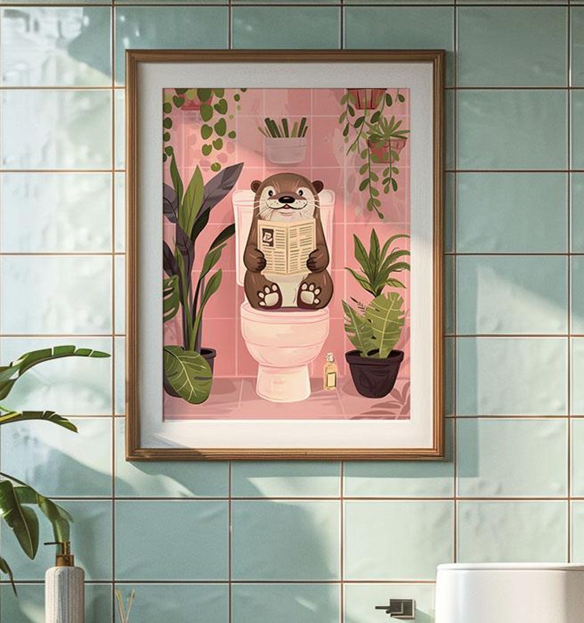 Cute Otter Reading Newspaper on Toilet Pink Bathroom Art Poster - Image 3