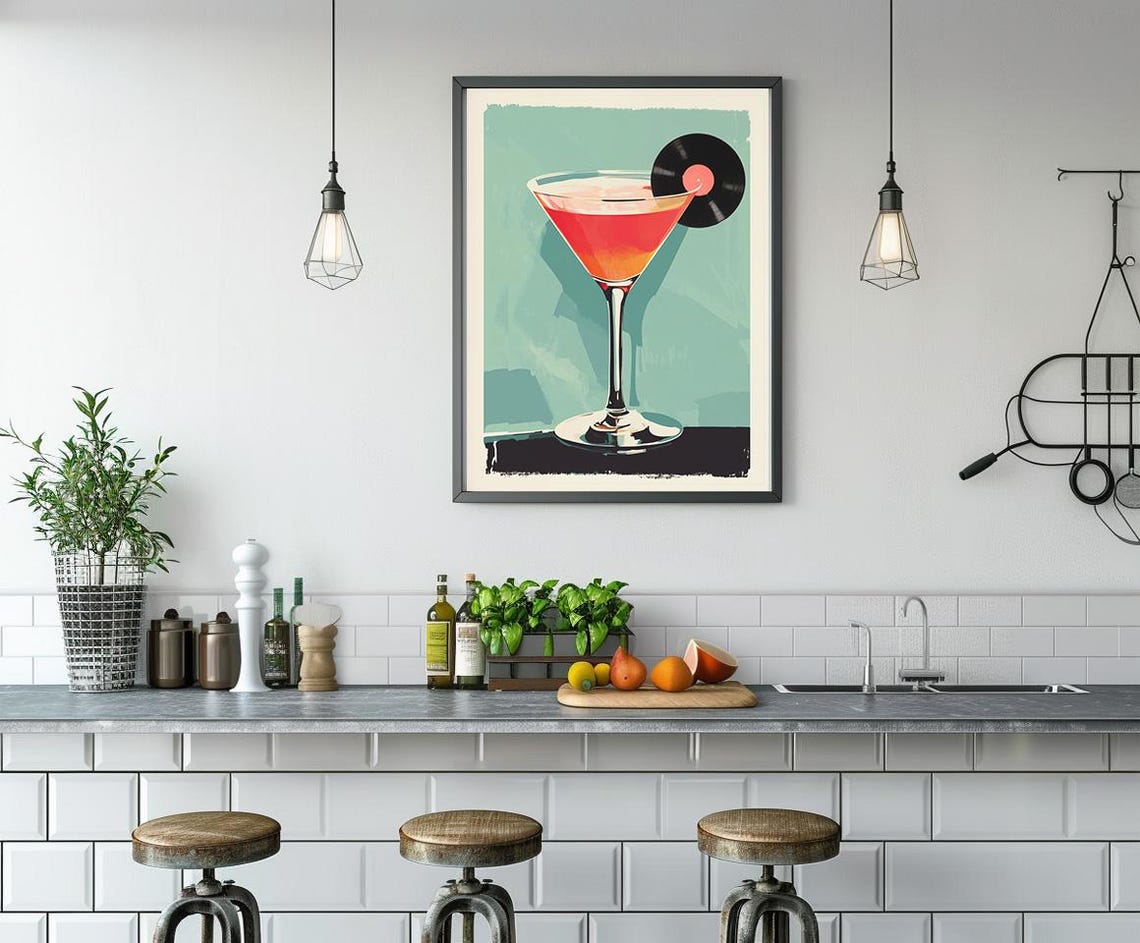 Retro Cool Cocktail Glass With Vinyl Record Music Bar Art Poster - Image 3