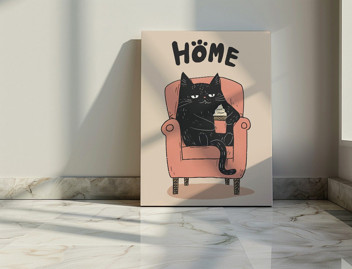 Chubby Black Cat Eating Ice Cream On A Pink Armchair Art Poster - Image 2