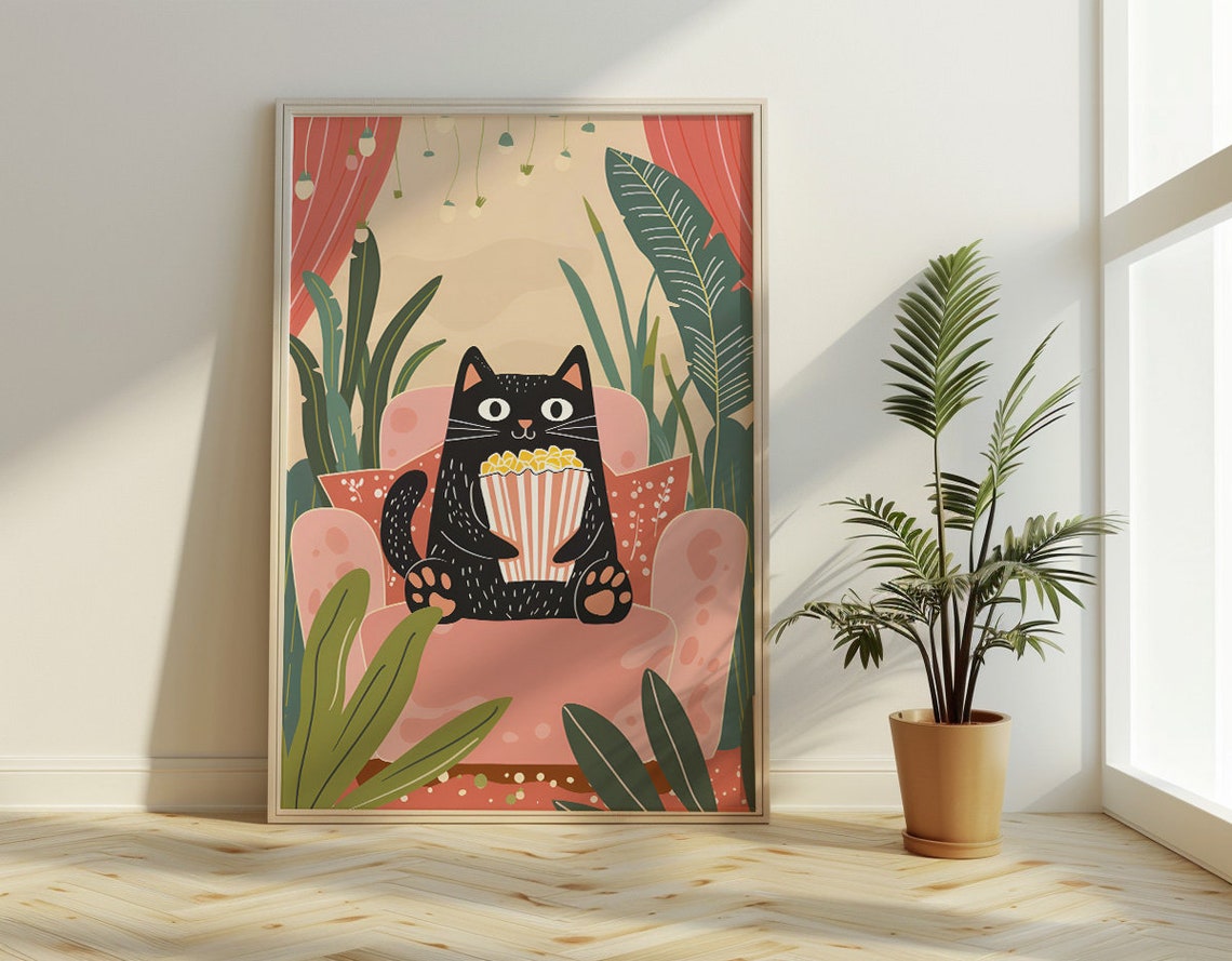 Black Cat Movie Night Popcorn on Pink Couch With Plants Poster - Image 2