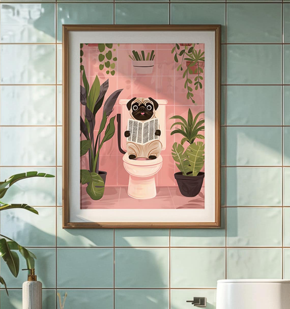 Cute Pug Reading Newspaper Vintage Bathroom Poster - Image 3