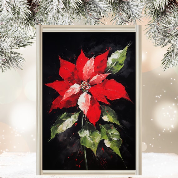 Red Poinsettia Bloom Dark Black Background Floral Art Poster