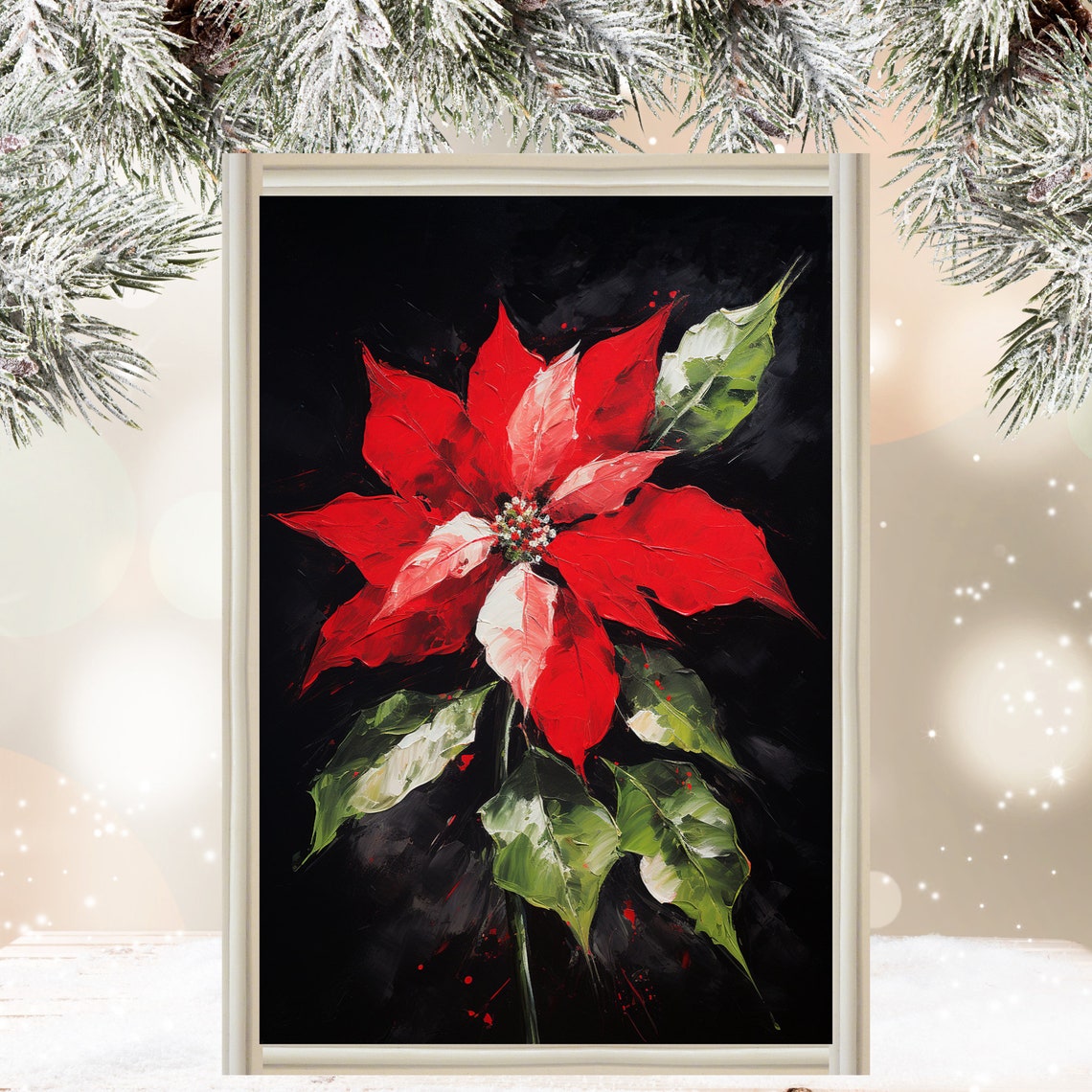 Red Poinsettia Bloom Dark Black Background Floral Art Poster