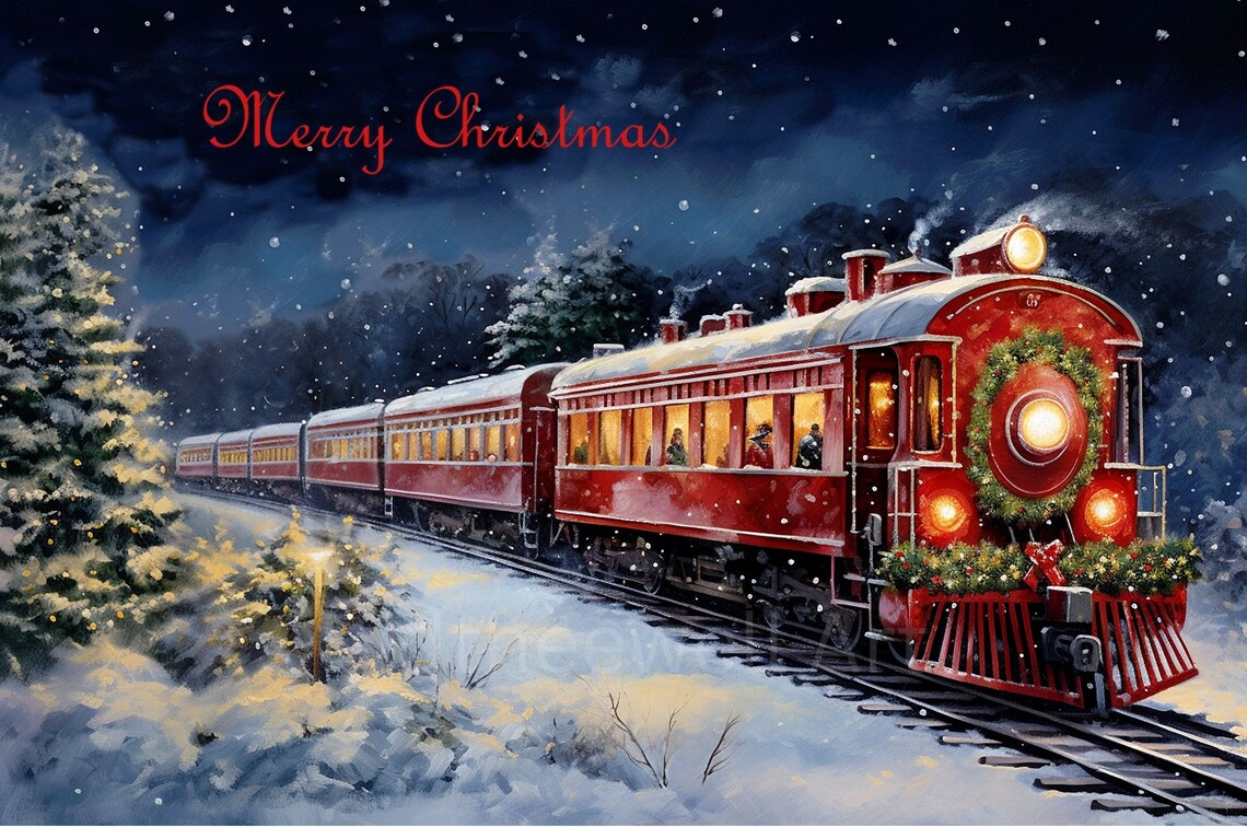 Merry Christmas Red Steam Train Snowy Winter Night Vintage Poster - Image 2