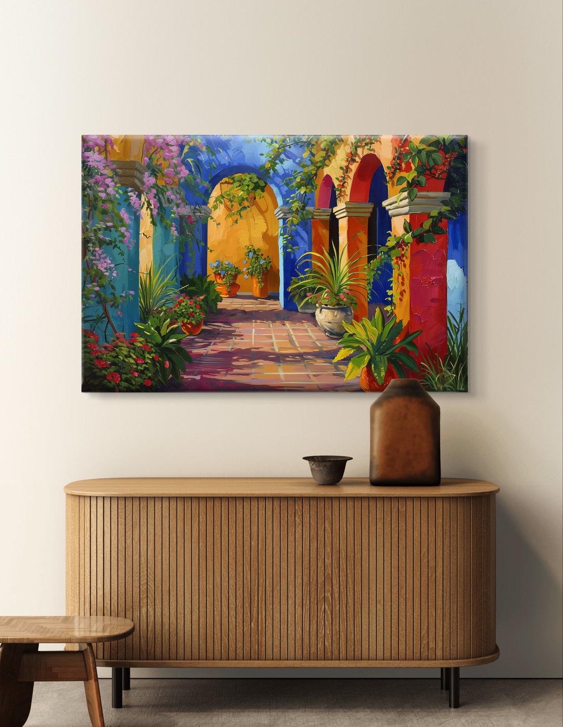 Cuernavaca Mexican Courtyard with Blue Arches and Flowers Poster - Image 5