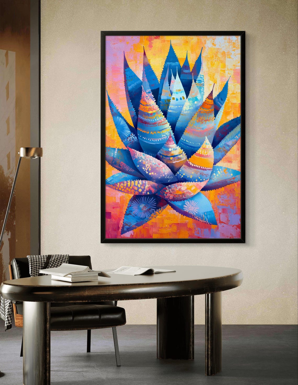 Decorative Blue Agave Colorful Folk Style Botanical Art Poster - Image 2