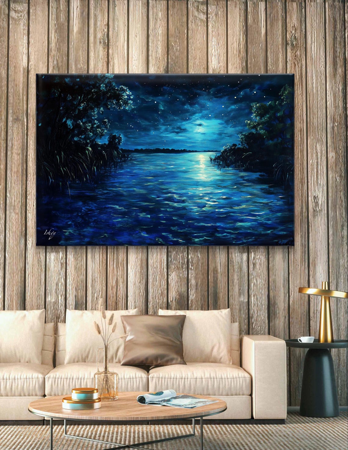 Bioluminescent Night Lake with Moon Reflection Starlit Poster - Image 4