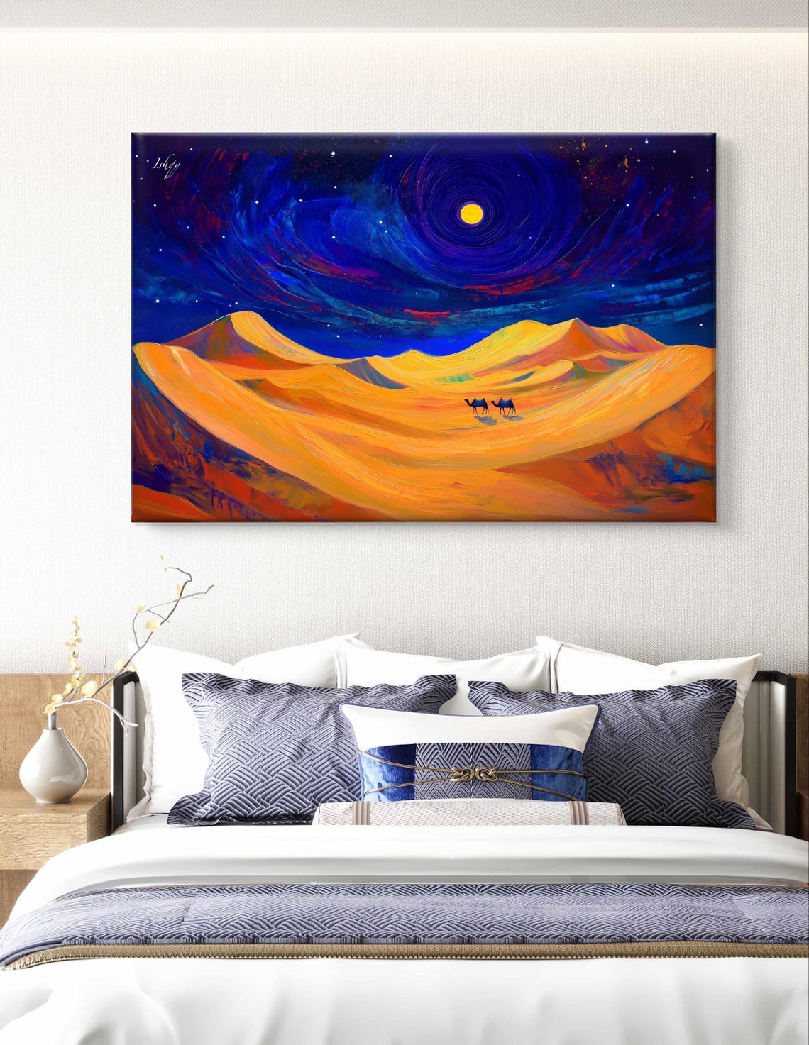 Desert Night Golden Dunes Camel Caravan Under Swirling Moon Sky Poster - Image 5