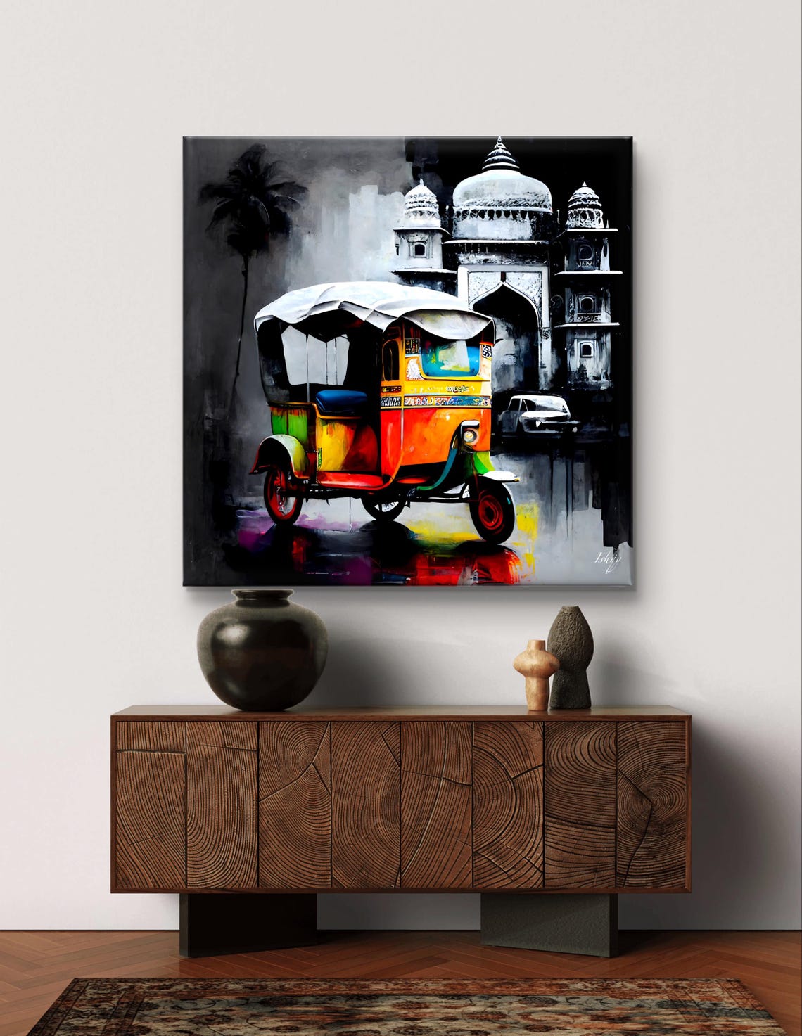 Painted Rickshaw Before a Gray Indian Temple Street Scene Poster - Image 4