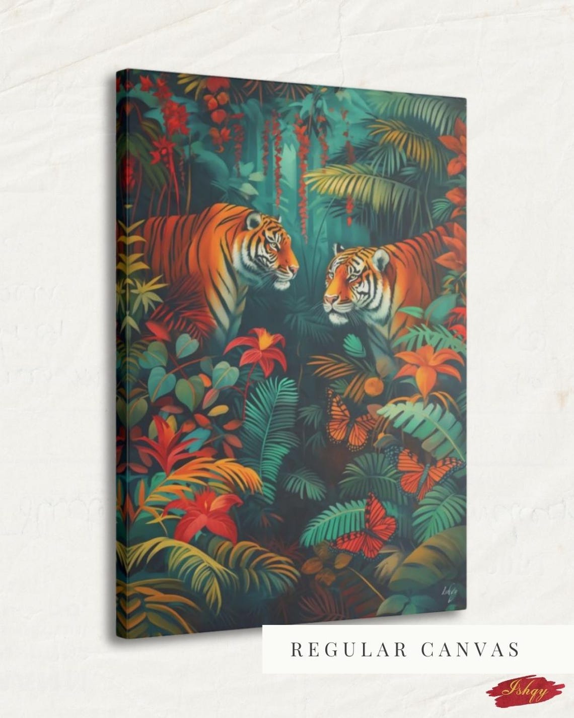 Two Tigers Facing Off In Lush Tropical Jungle Butterfly Art Poster - Image 5