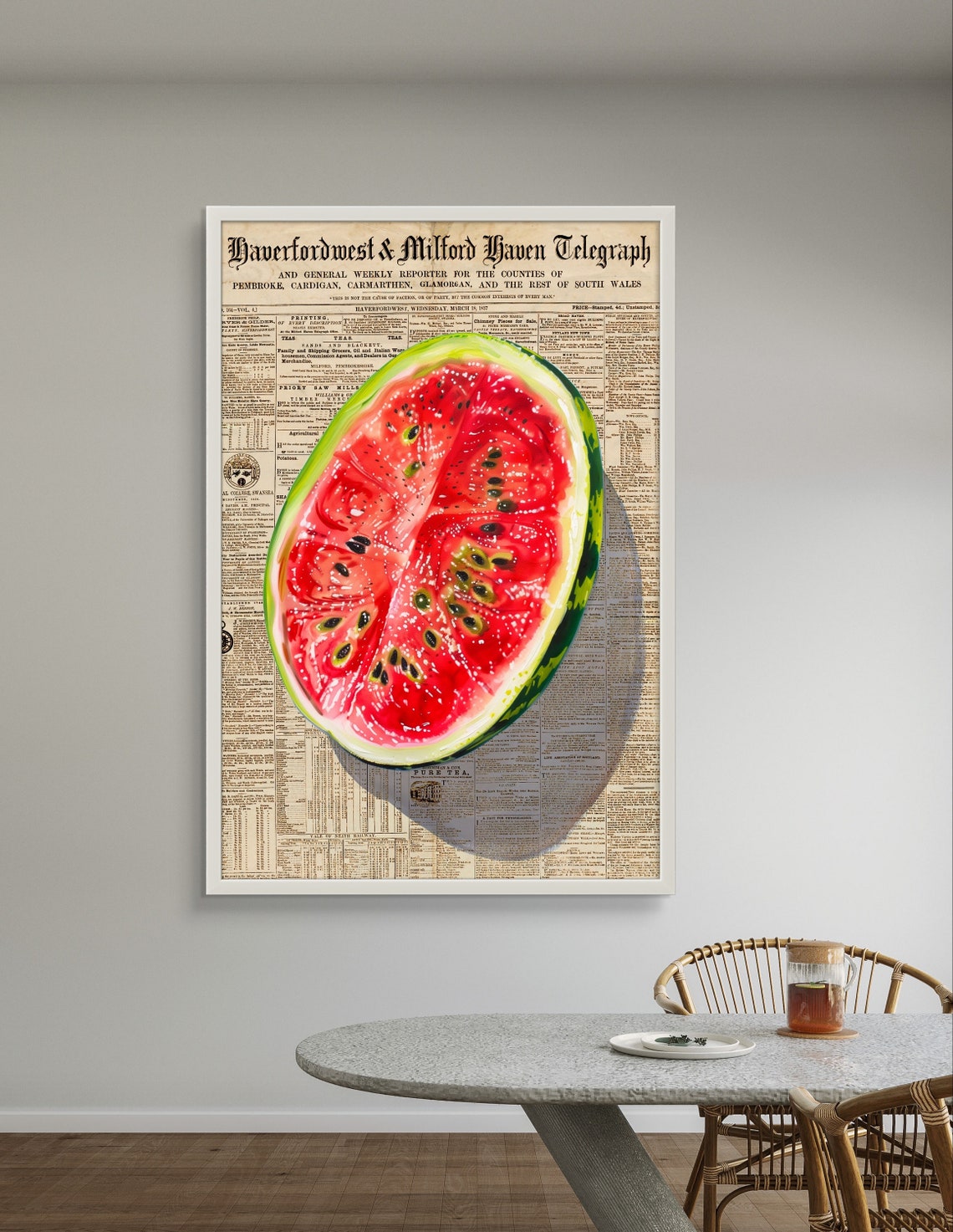 Juicy Watermelon Slice Vintage Newspaper Background Kitchen Art Poster - Image 4