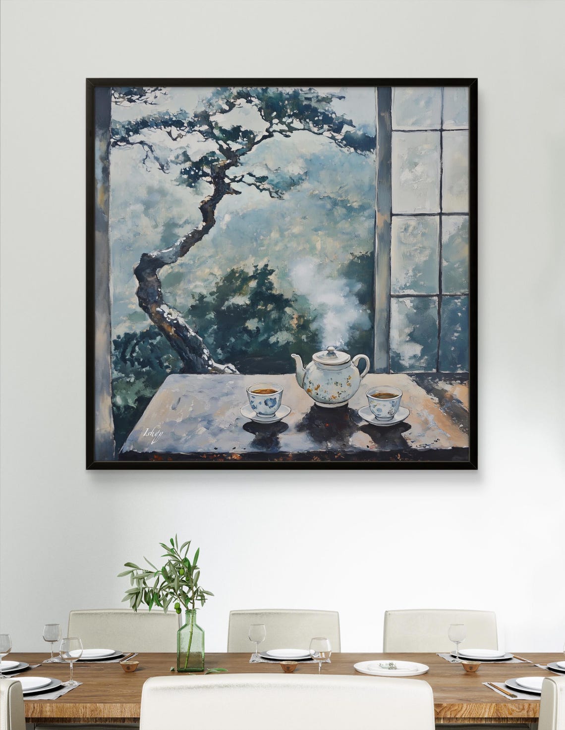 Serene Tea Time by the Window Pine Tree Mountain View Poster - Image 3