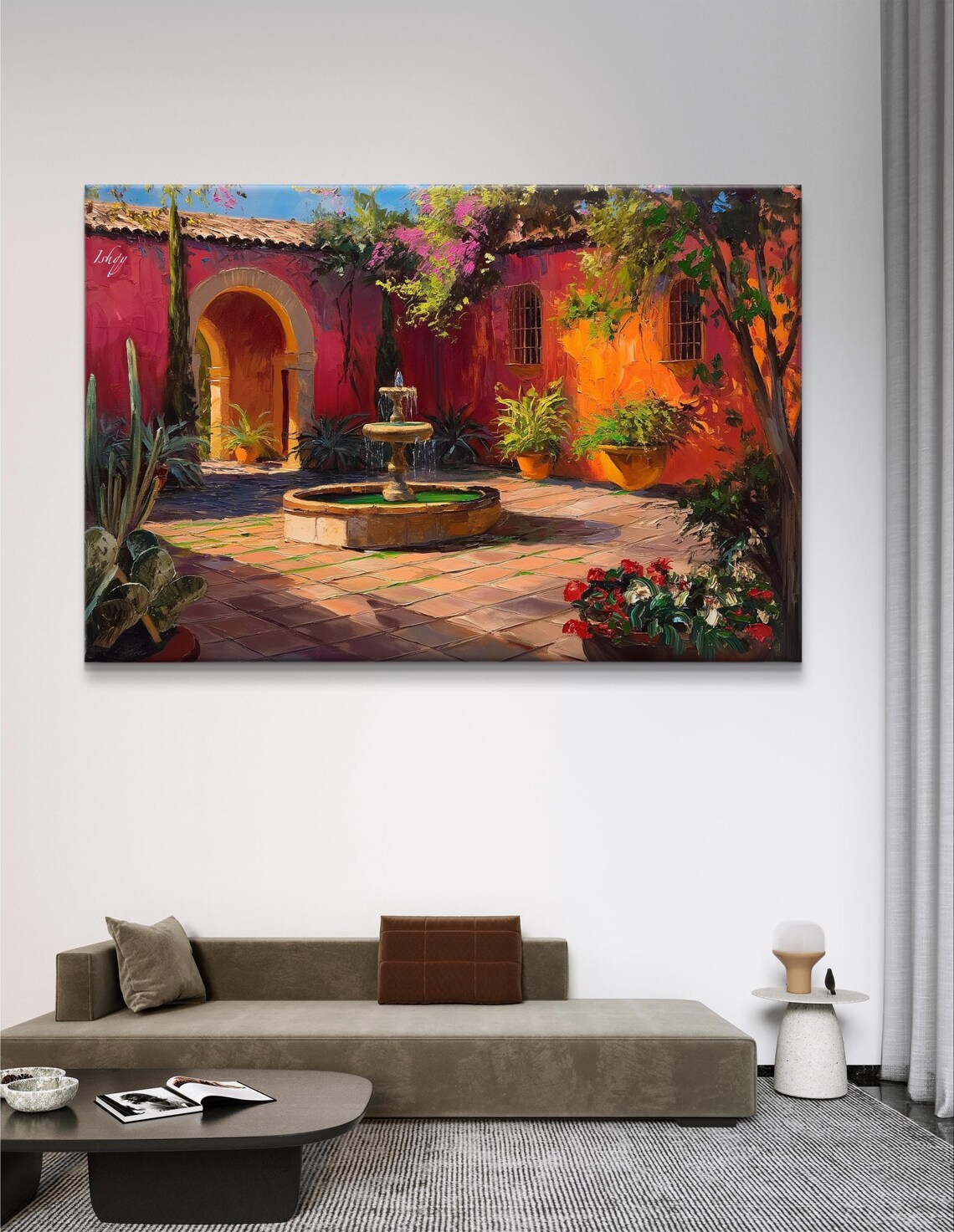 Mexican Courtyard with Fountain and Red Walls Painting Poster - Image 4