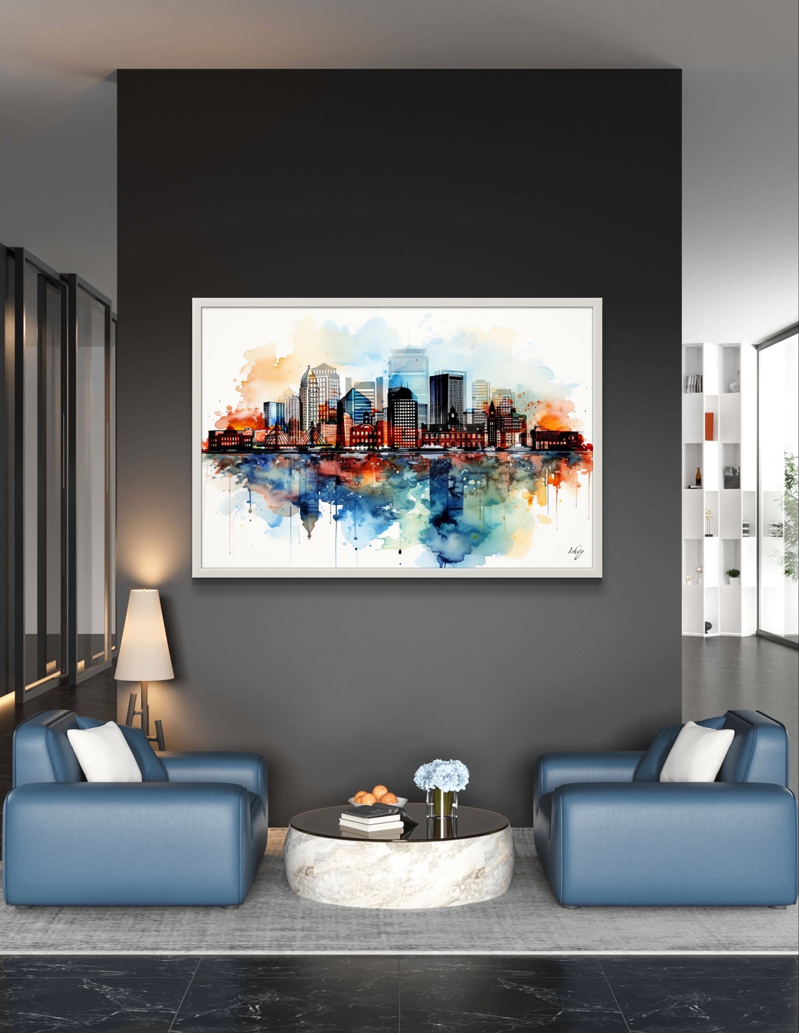 Boston Skyline Watercolor Cityscape Reflection Modern Poster - Image 4