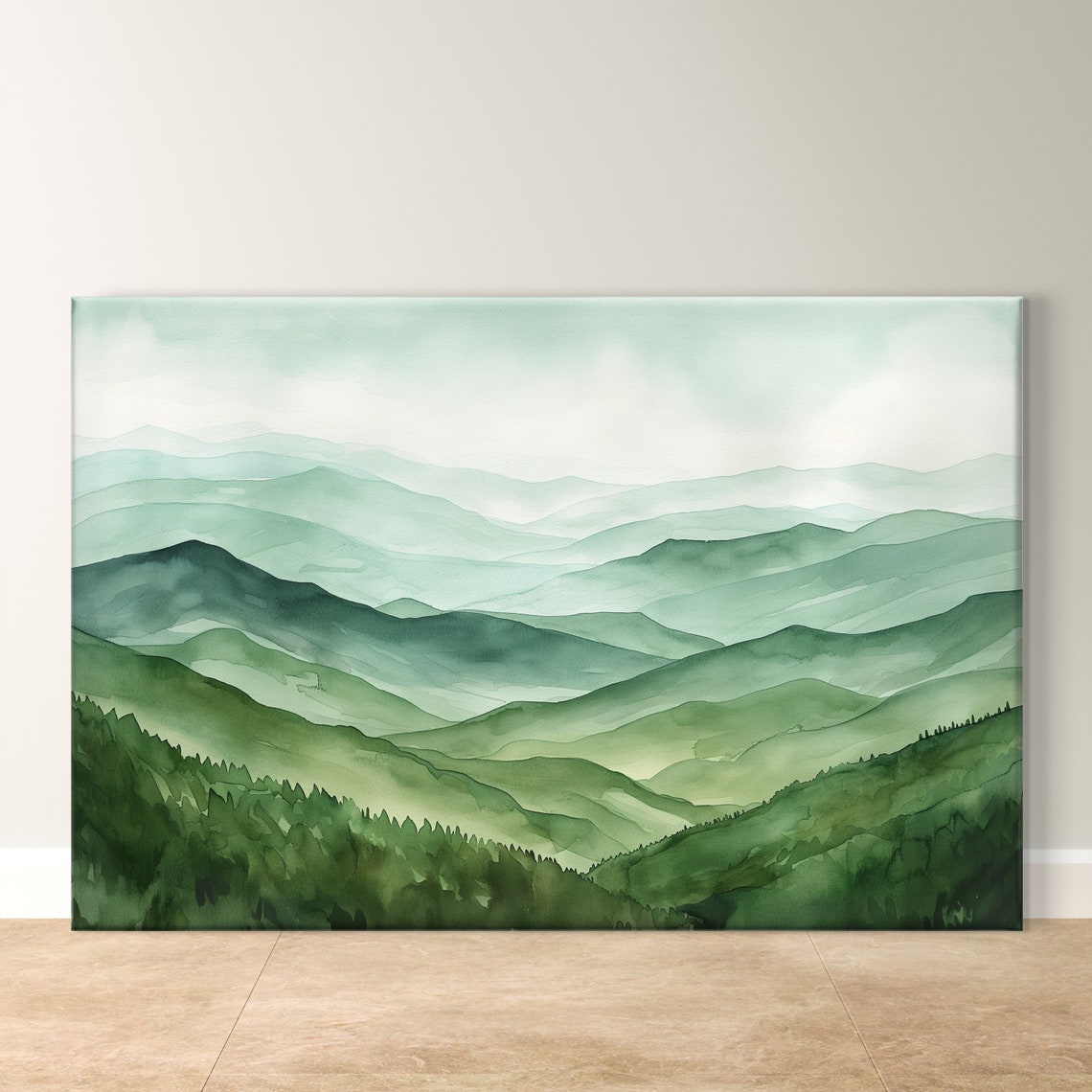 Misty Green Mountain Layers Tranquil Watercolor Landscape Art Poster
