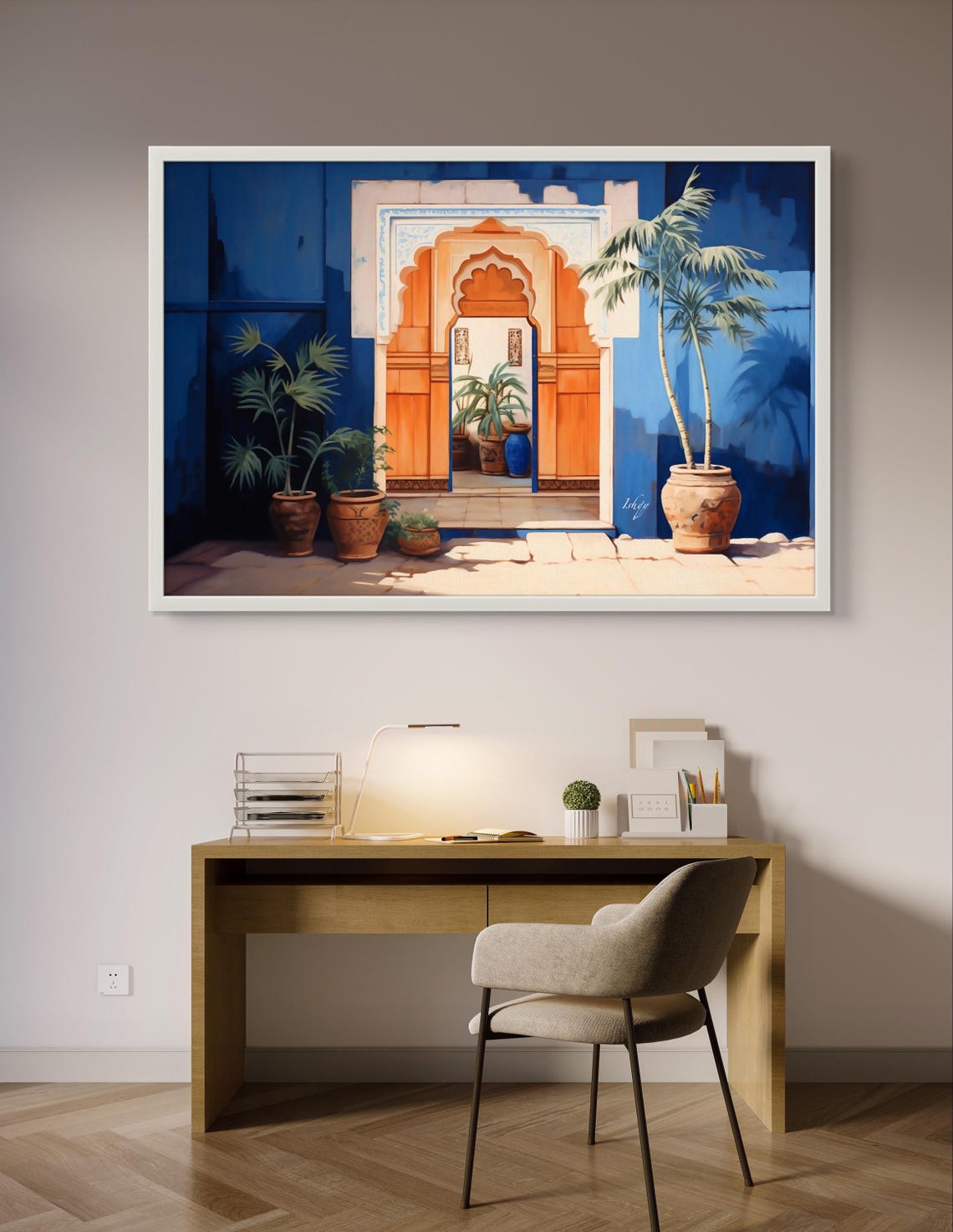 Blue Indian Haveli Wooden Door Clay Pots Courtyard Art Poster - Image 3