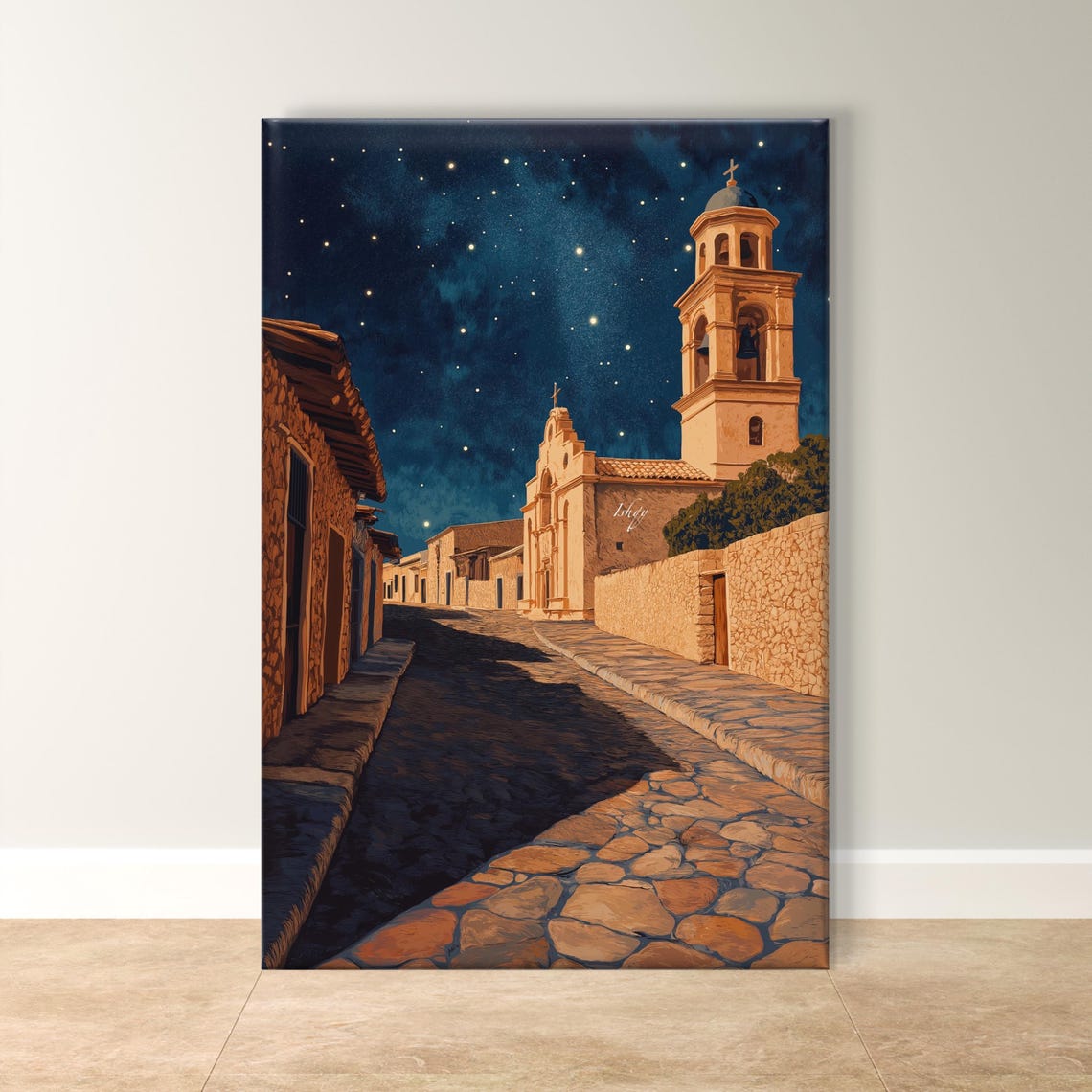 Real de Catorce Starry Night Cobblestone Mission Church Poster
