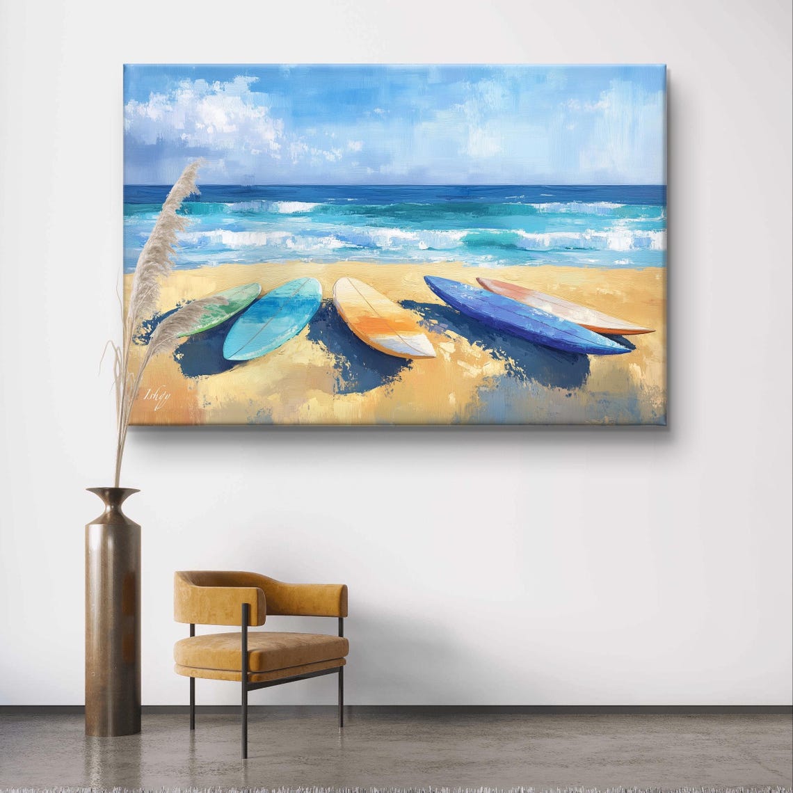 Surfboards On Beach Vibrant Coastal Ocean Wall Art Beach Scene Painting Tropical Home Decor Unique Living Room Artwork - Image 5