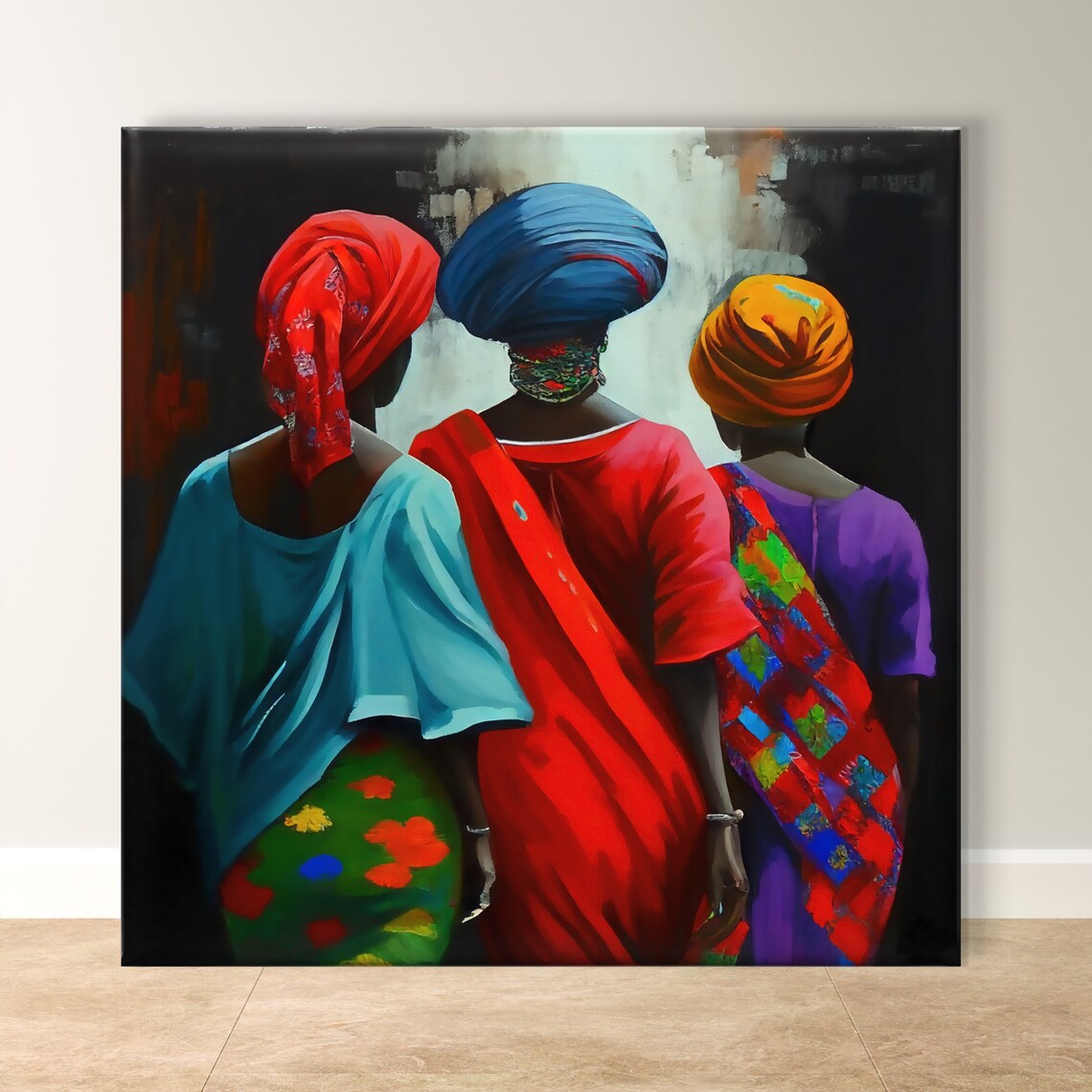 Three Women in Colorful Head Wraps Walking Together Art Poster